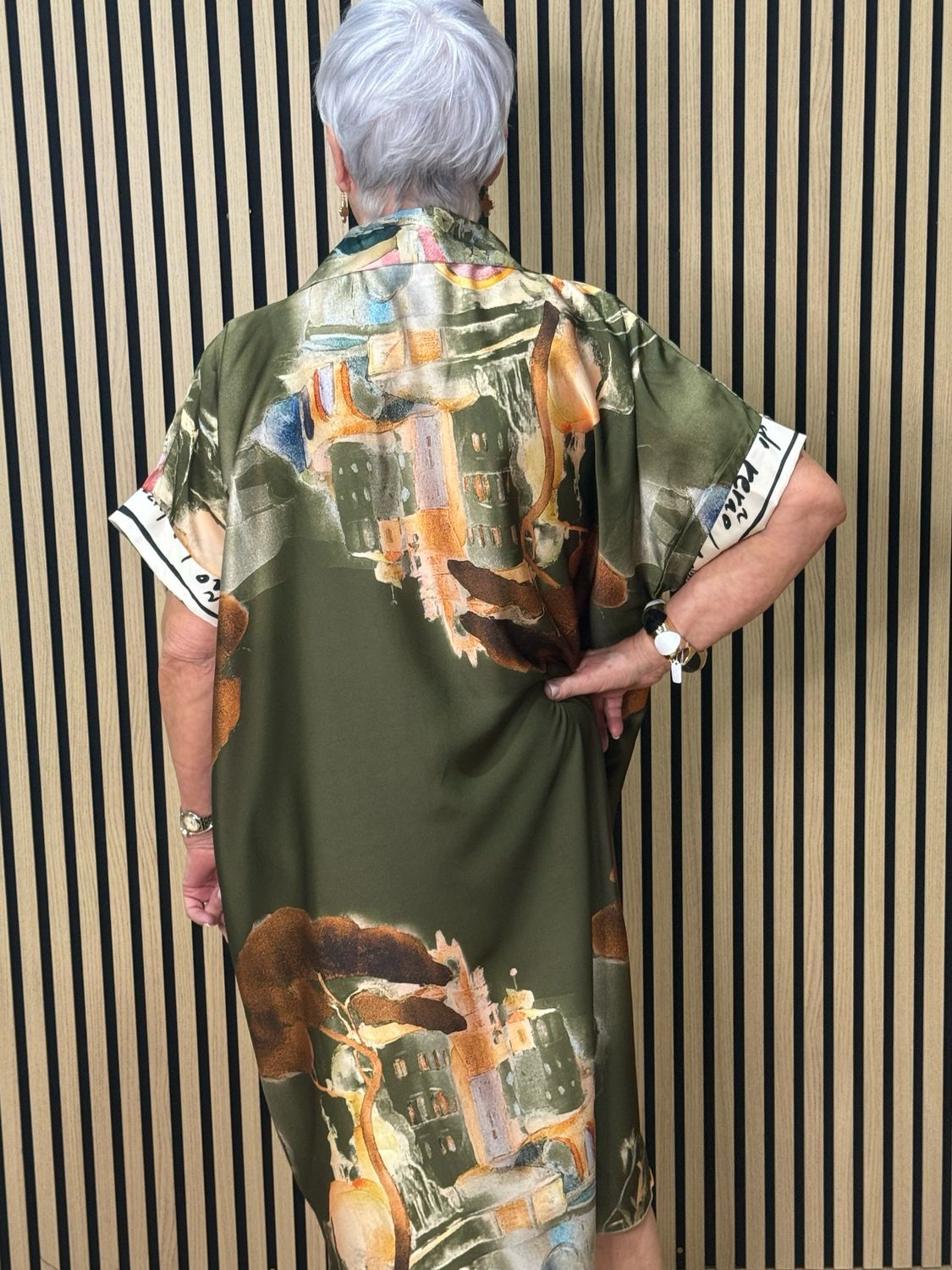 Abstract Print Shirt Dress - Khaki