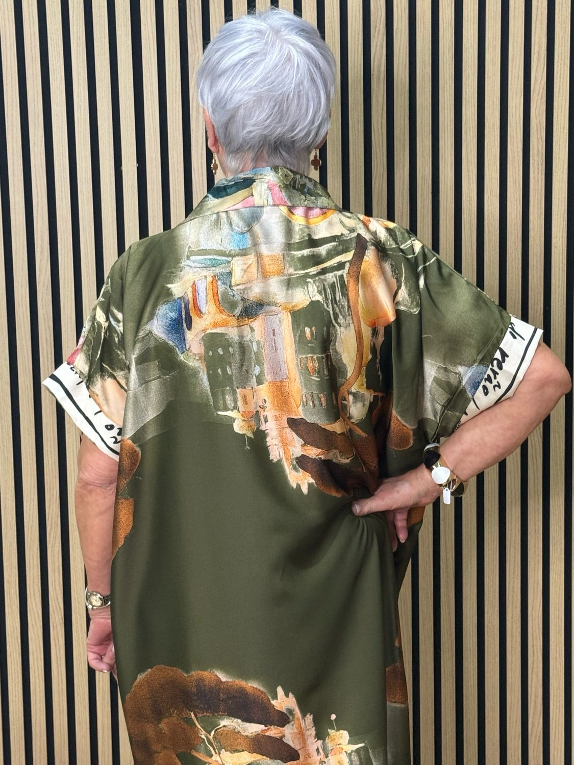 Abstract Print Shirt Dress - Khaki