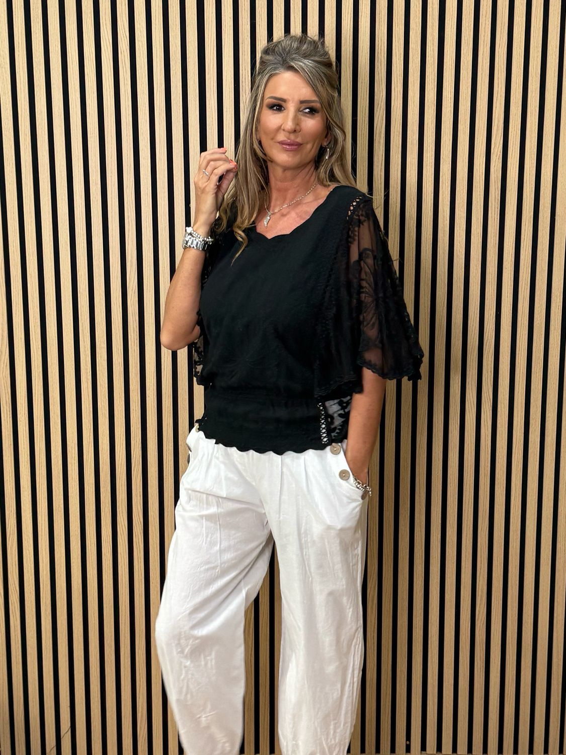 Angel Sleeve Cotton Top - Black