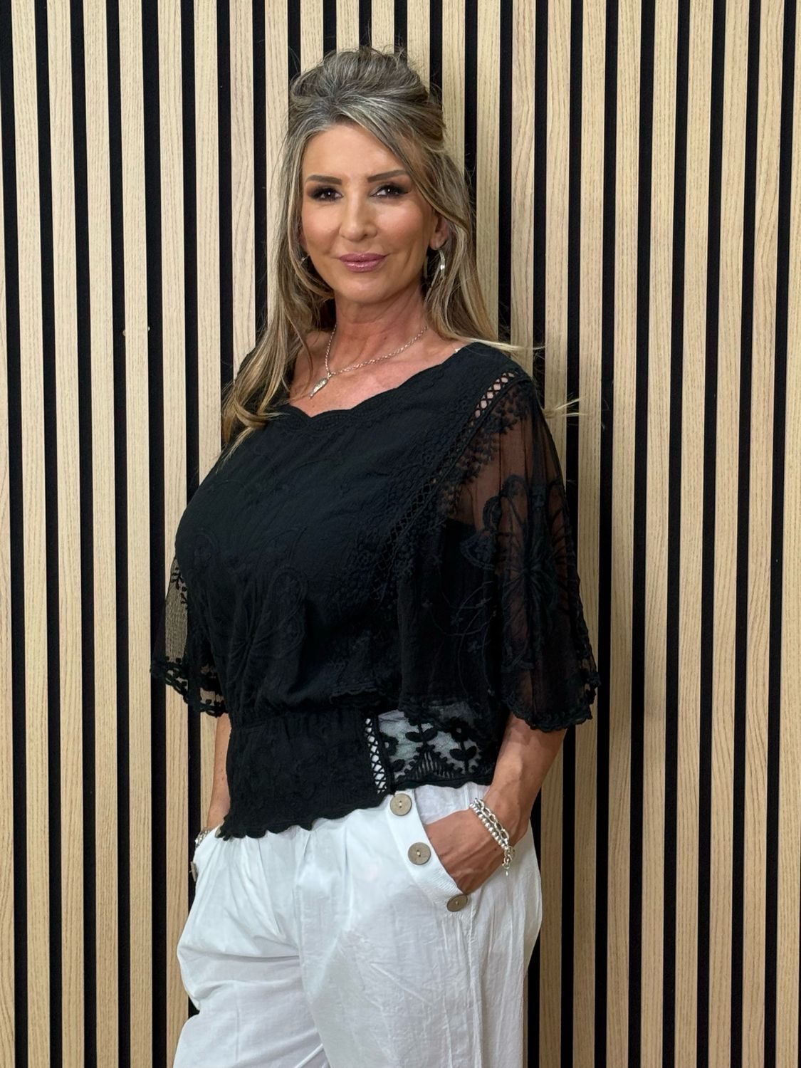 Angel Sleeve Cotton Top - Black