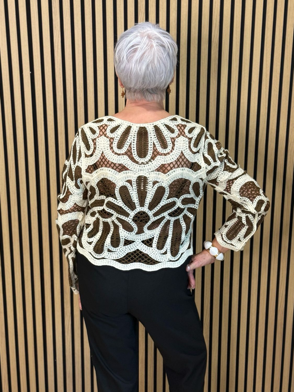 Floral Crochet Button Cardigan- Brown