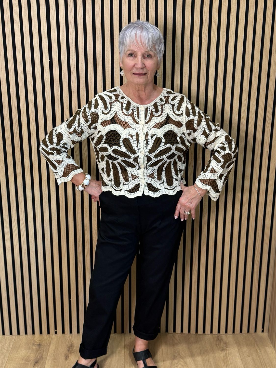 Floral Crochet Button Cardigan- Brown