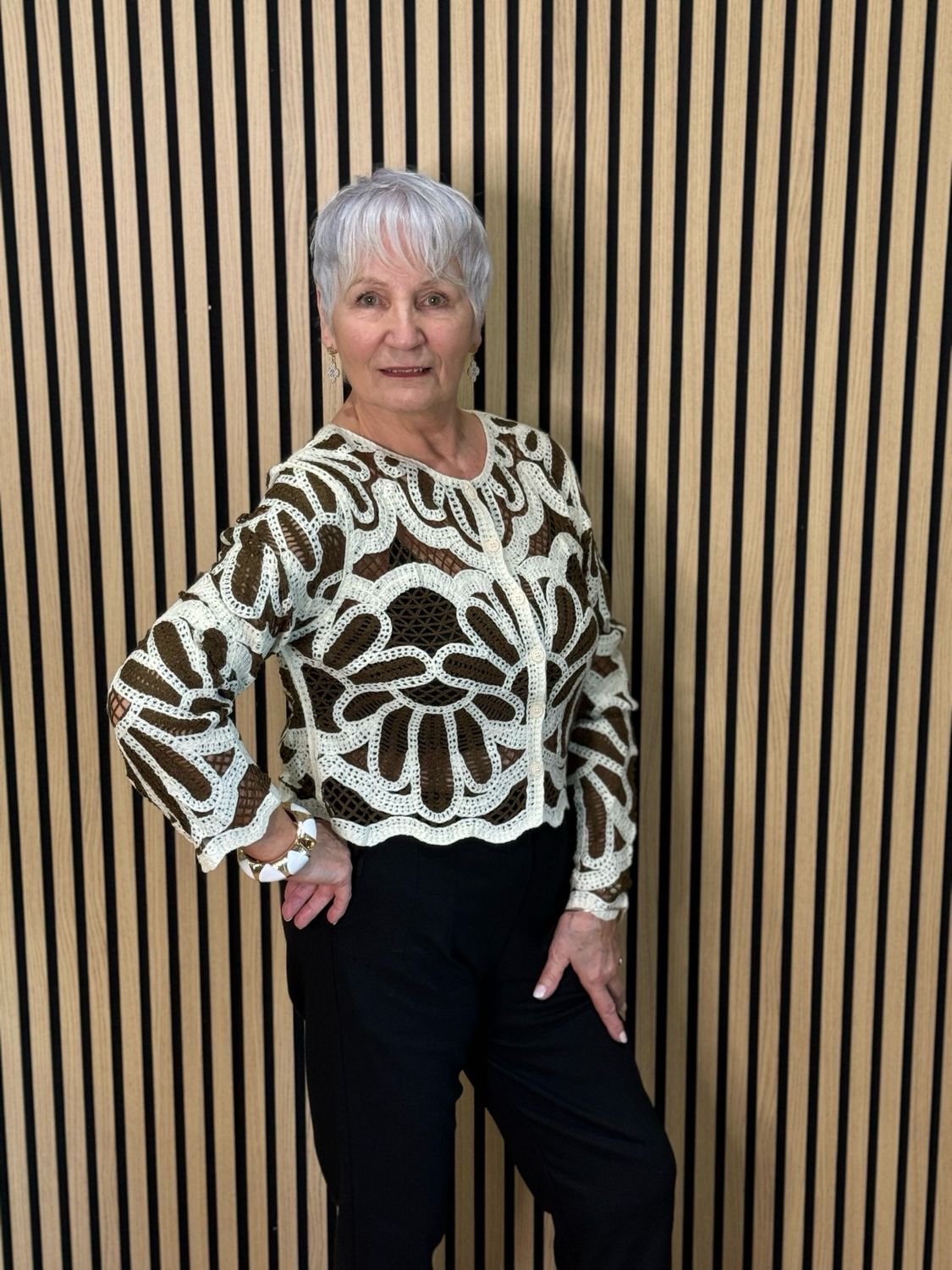 Floral Crochet Button Cardigan- Brown