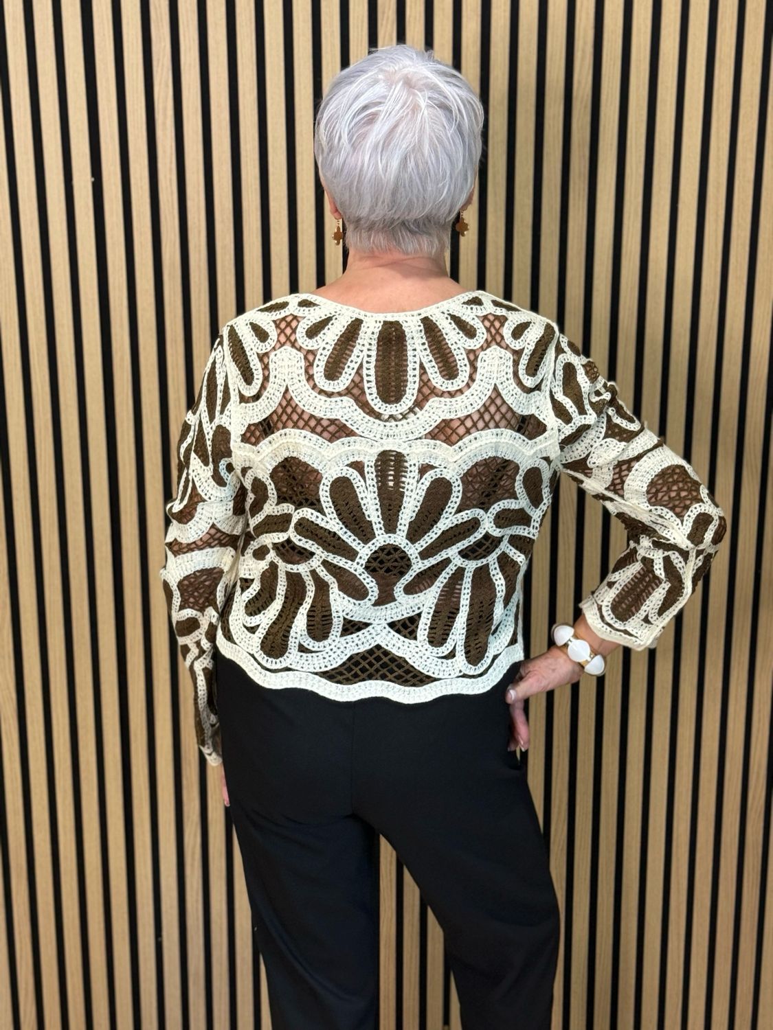 Floral Crochet Button Cardigan- Brown