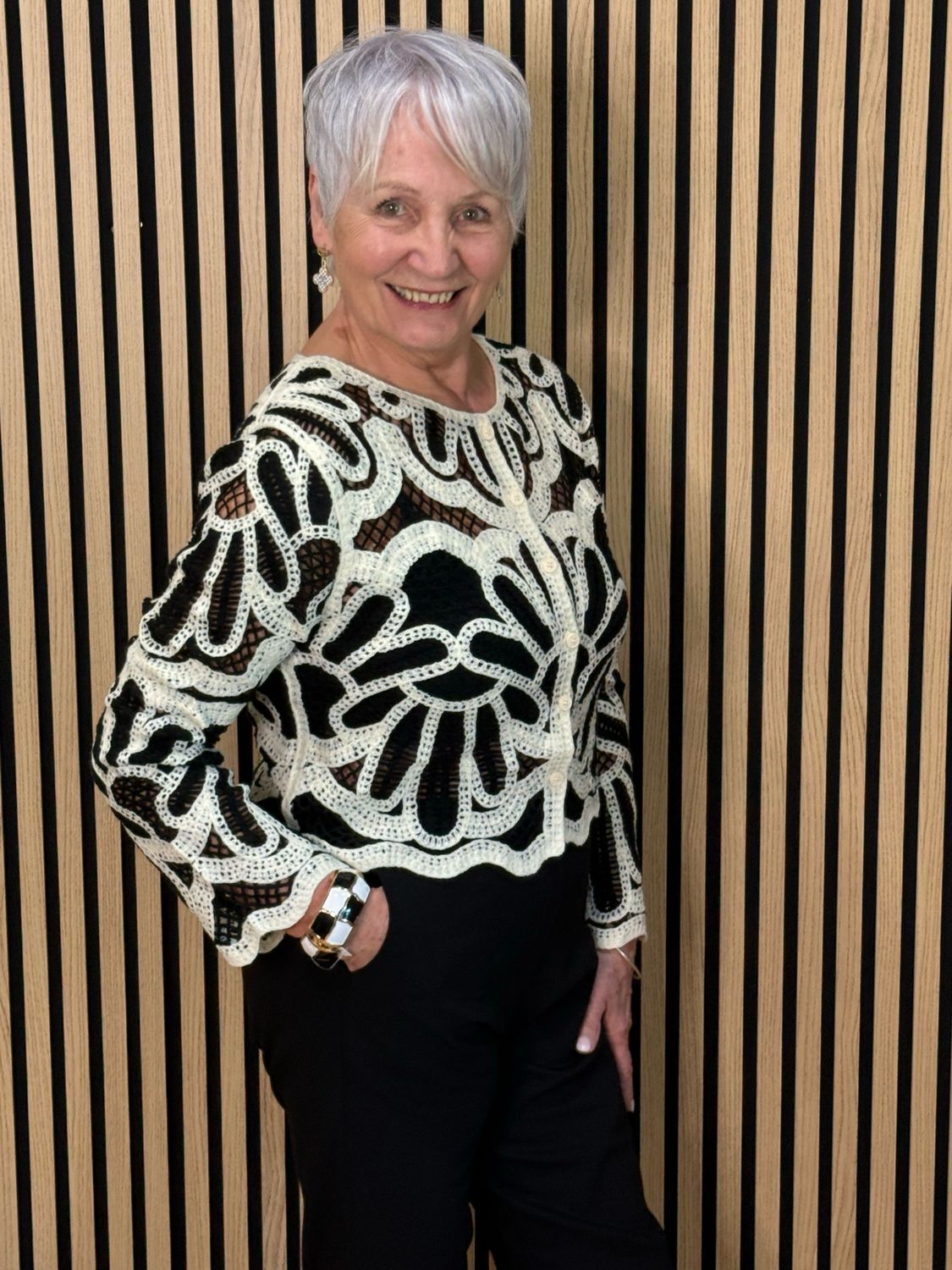 Floral Crochet Button Cardigan- Black