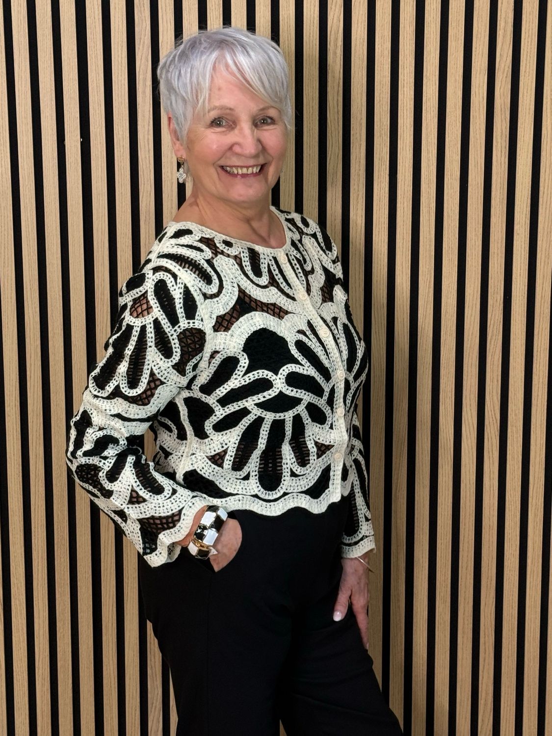 Floral Crochet Button Cardigan- Black