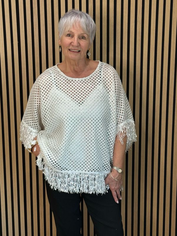 Shimmer Crochet Mesh Top - White