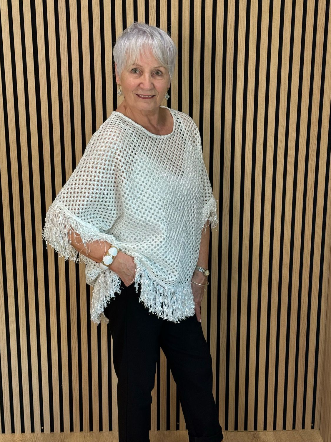 Shimmer Crochet Mesh Top - White