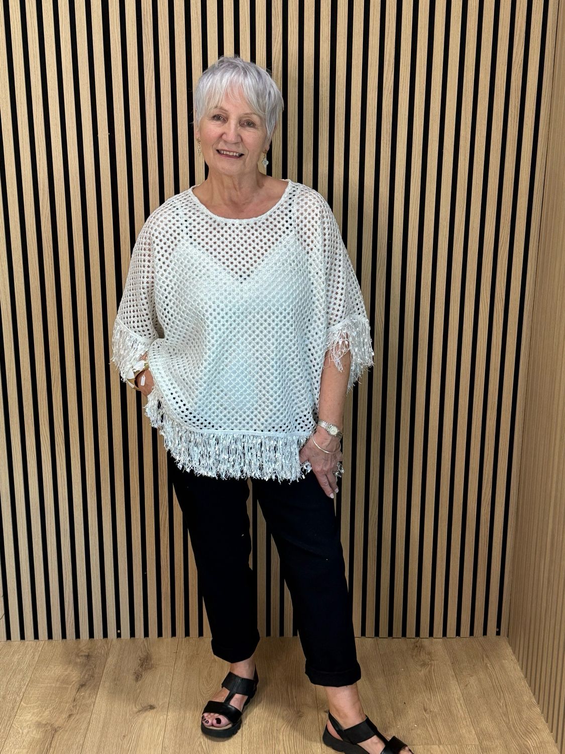 Shimmer Crochet Mesh Top - White