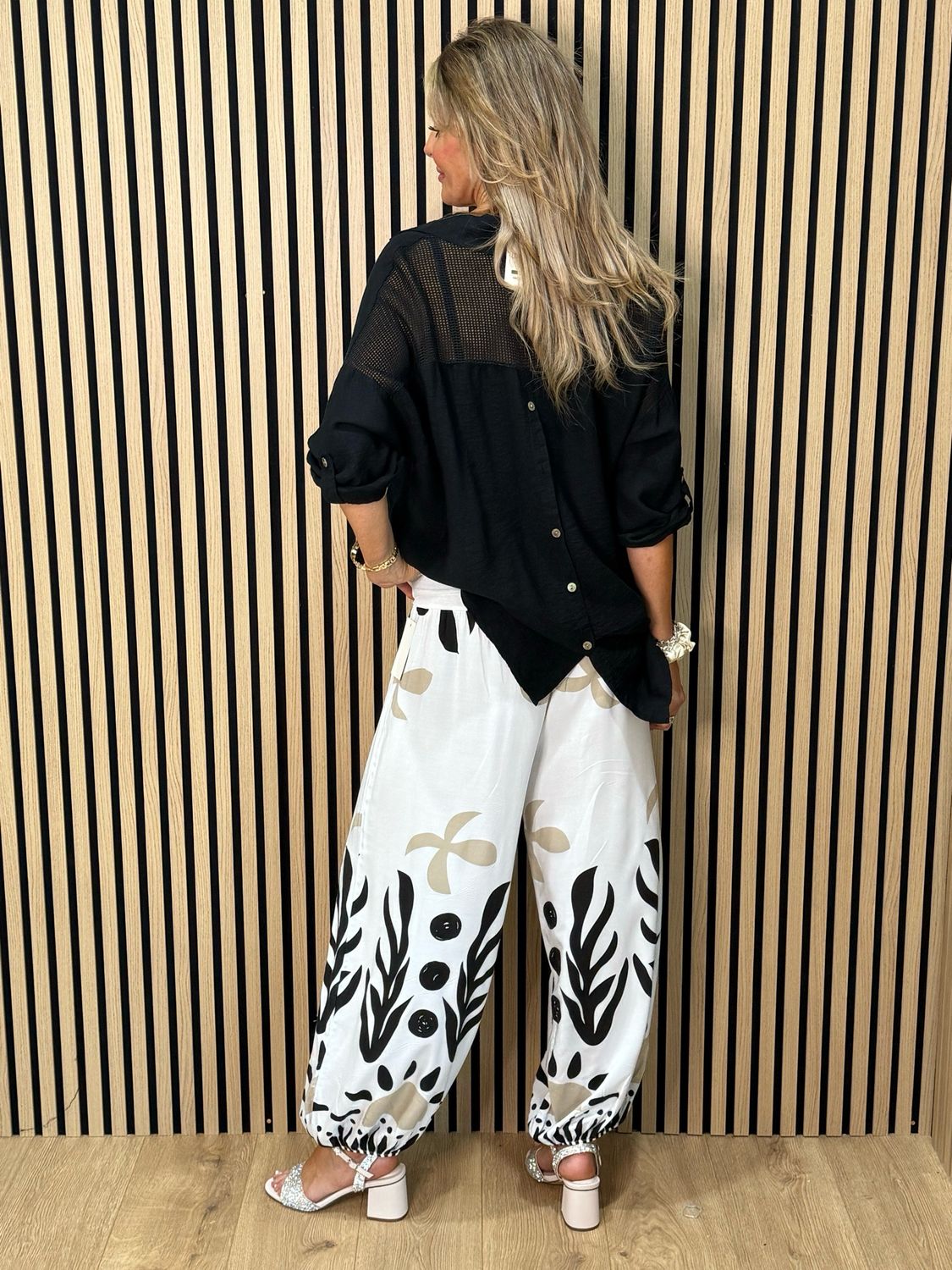Abstract Leaf Print Harem Pants - White
