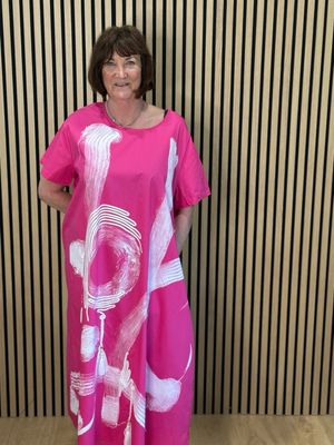 Abstract Brush Print Cotton Dress - Fuchsia