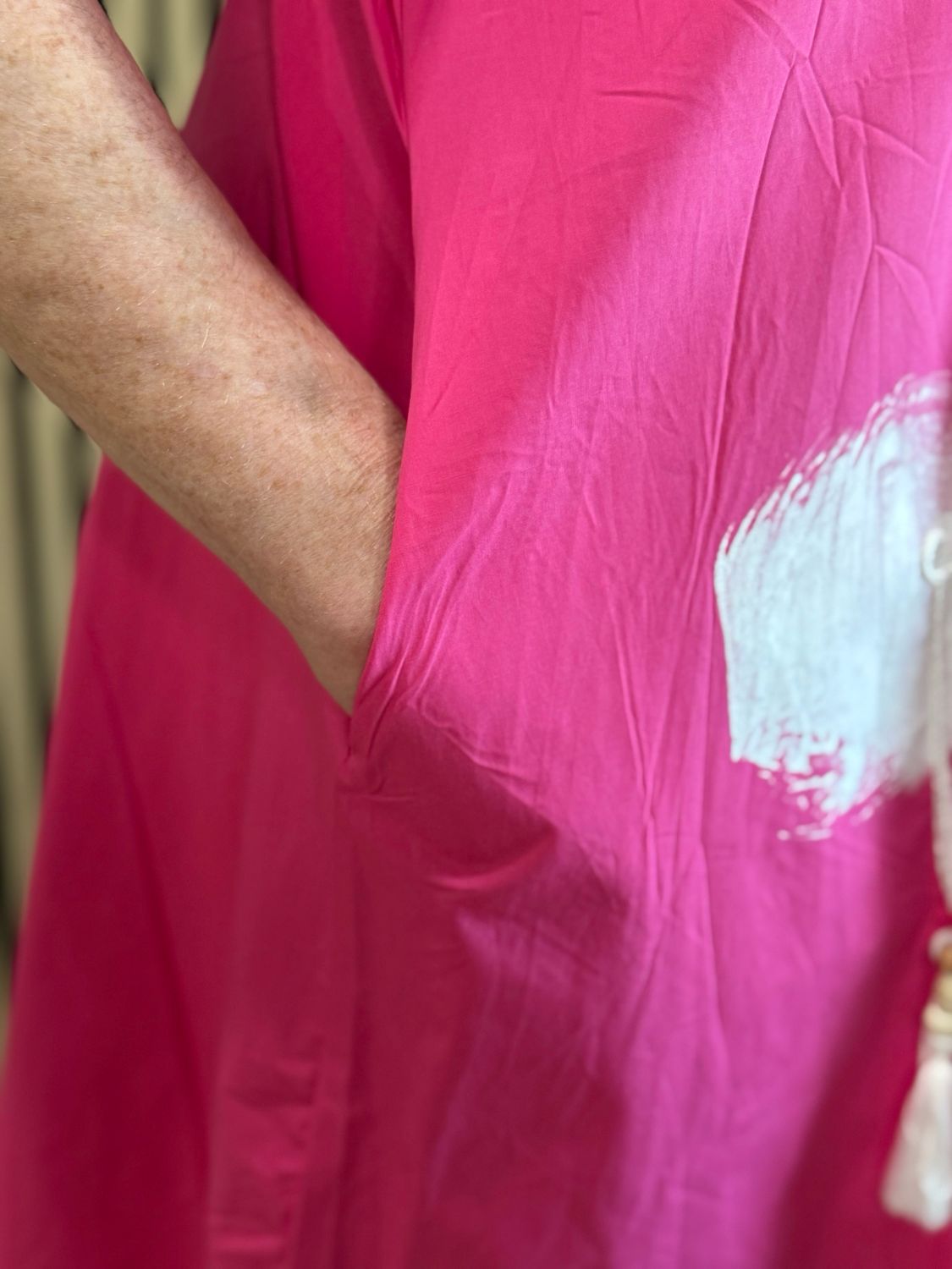 Abstract Brush Print Cotton Dress - Fuchsia