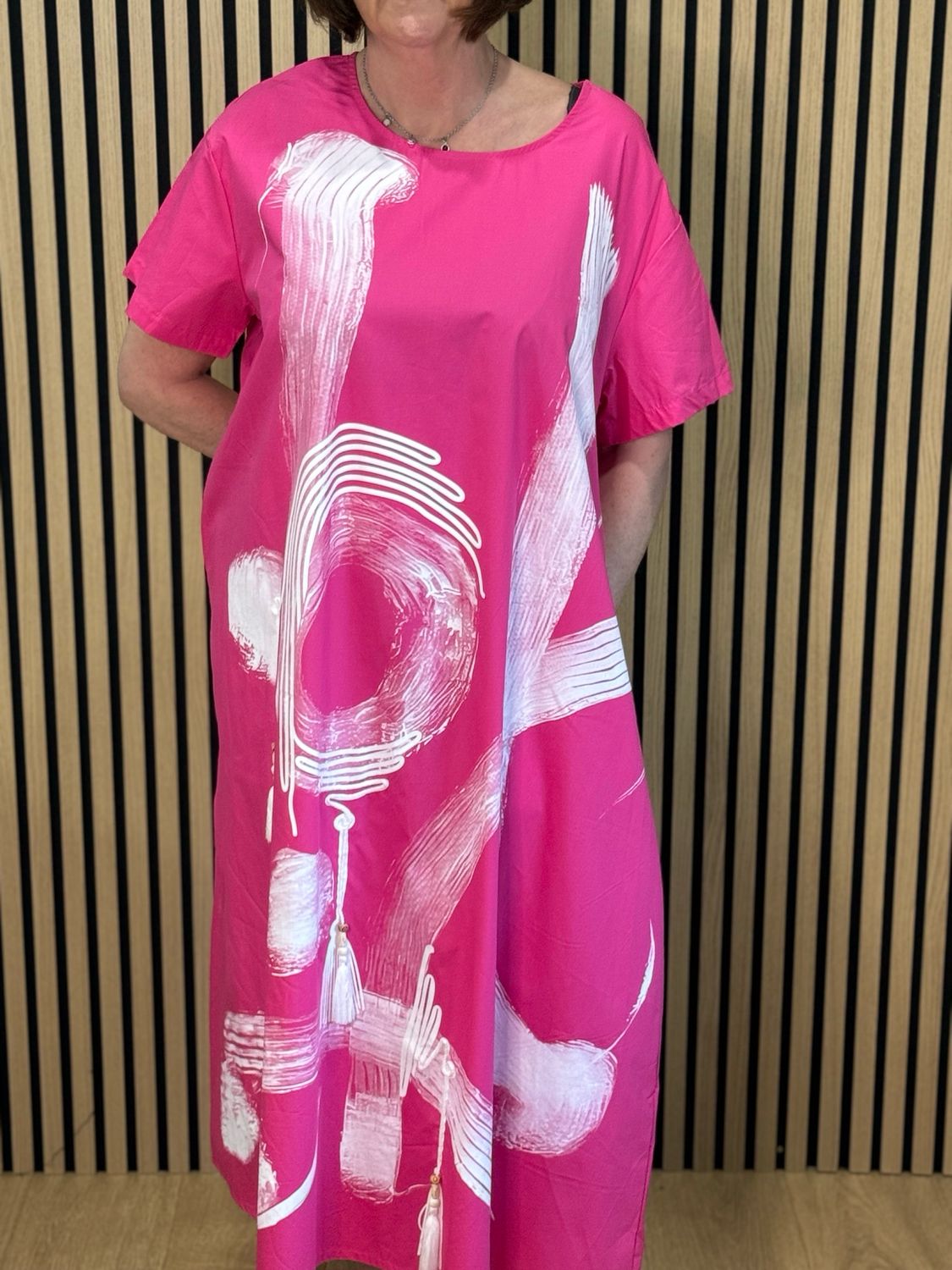 Abstract Brush Print Cotton Dress - Fuchsia