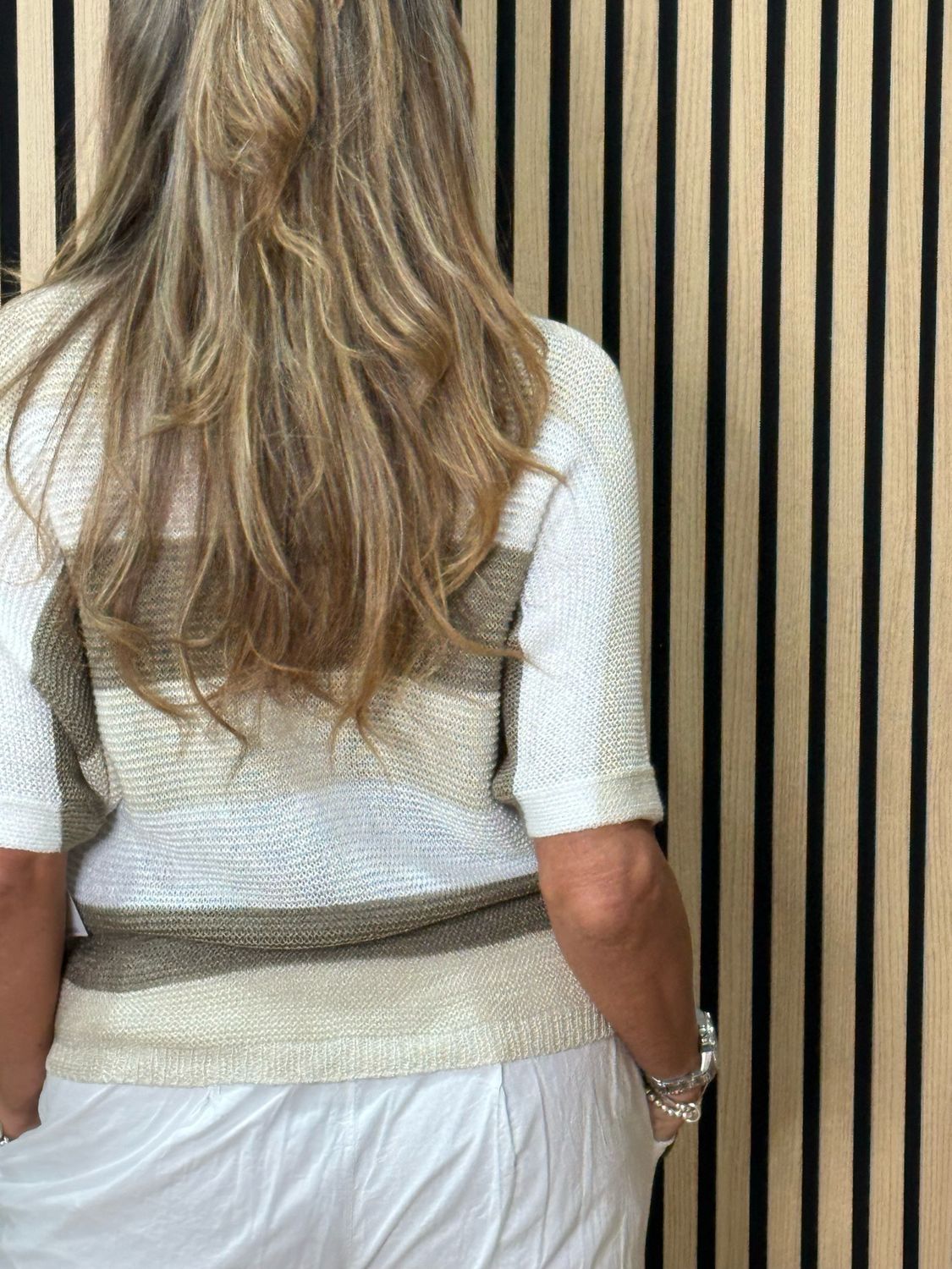 Striped Lightweight Knit Top - Cream/Brown/Gold