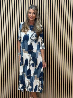 Pleated Abstract Print Midi Dress - Navy/Bronze