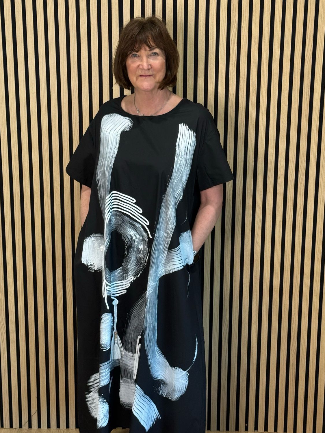 Abstract Brush Print Cotton Dress - Black