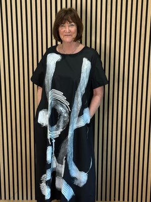 Abstract Brush Print Cotton Dress - Black