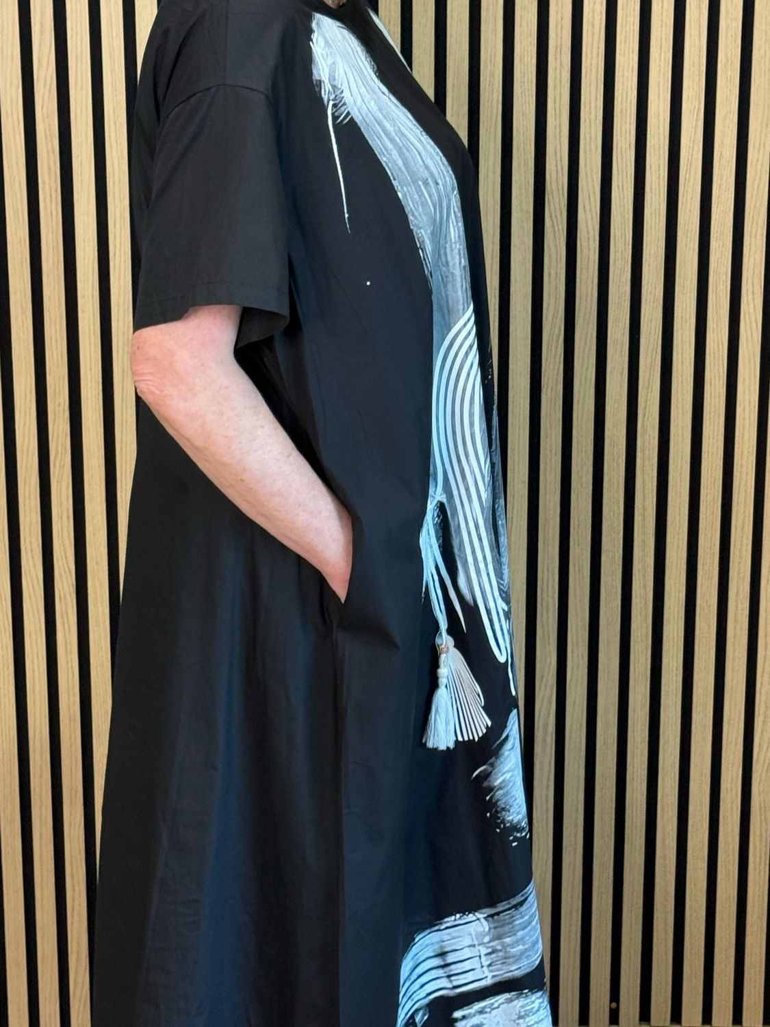 Abstract Brush Print Cotton Dress - Black