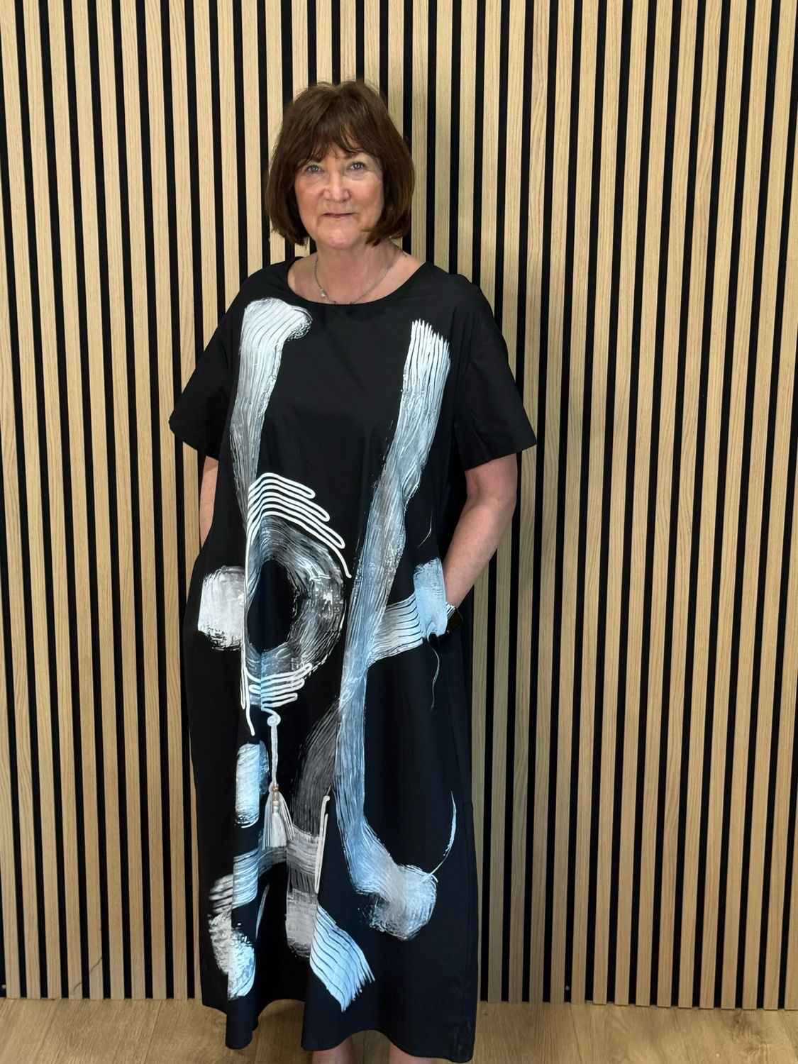 Abstract Brush Print Cotton Dress - Black