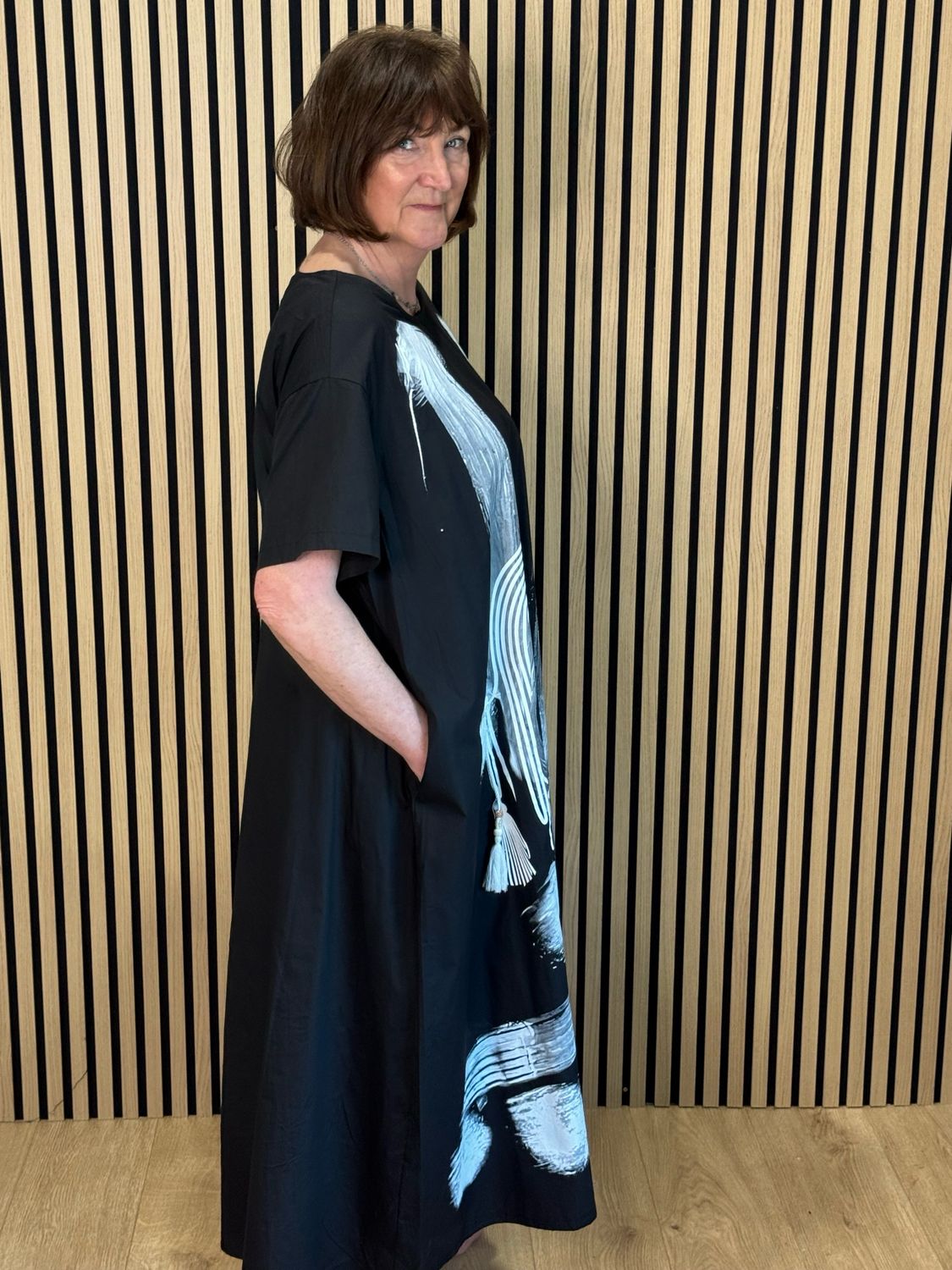 Abstract Brush Print Cotton Dress - Black