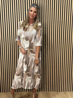 Pleated Abstract Print Midi Dress - Bronze/Cream