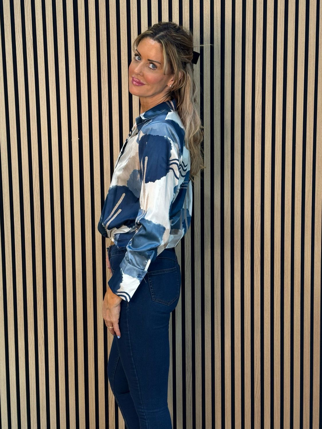 Abstract Satin Shirt Blouse - Navy