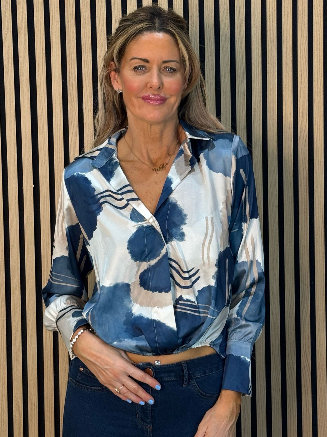 Abstract Satin Shirt Blouse - Navy