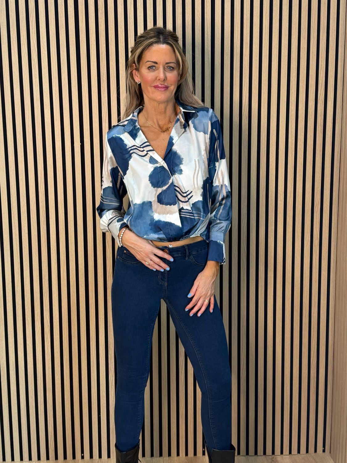 Abstract Satin Shirt Blouse - Navy