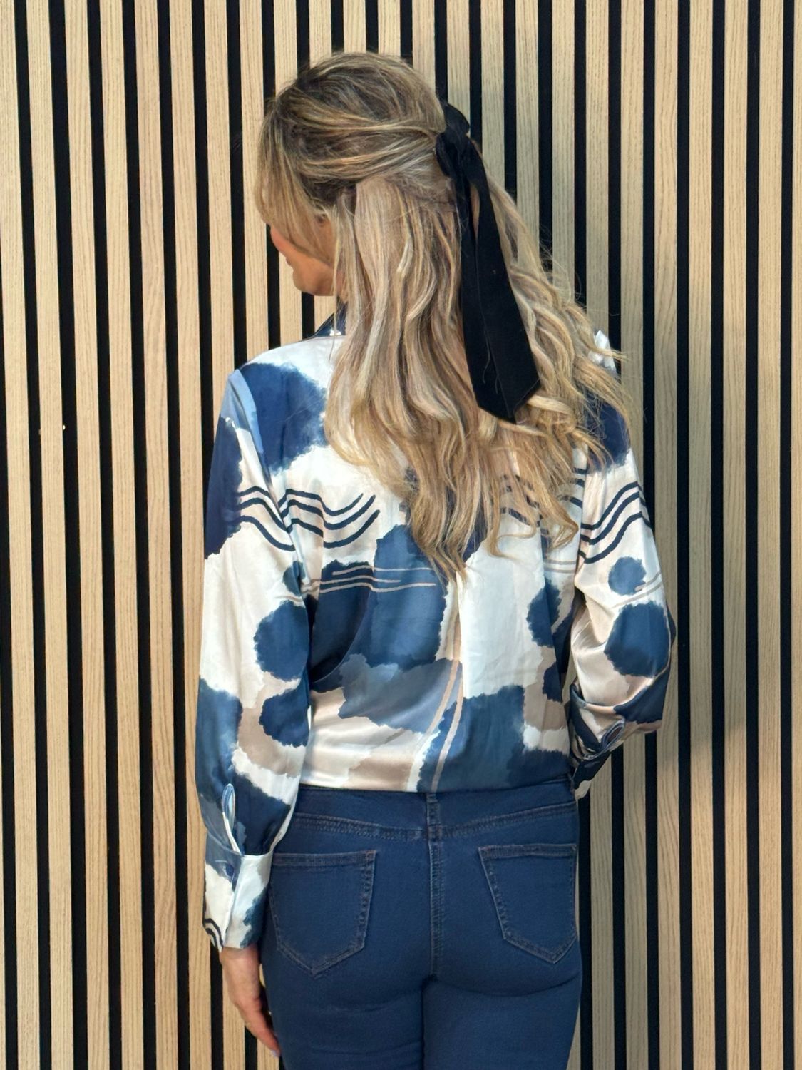 Abstract Satin Shirt Blouse - Navy