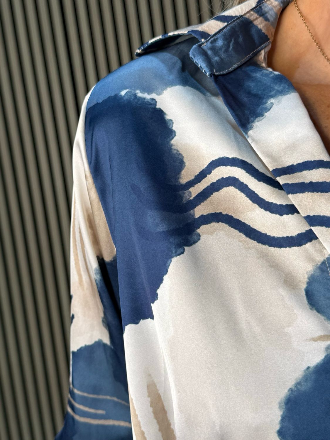 Abstract Satin Shirt Blouse - Navy