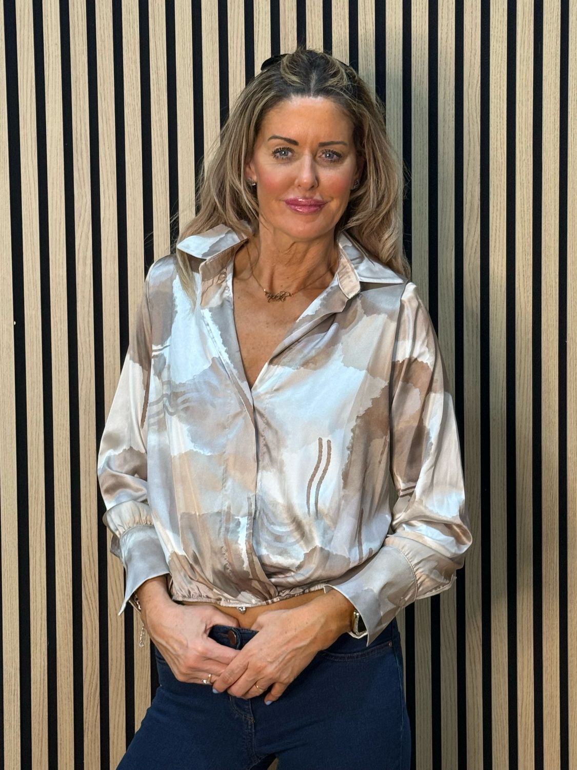 Abstract Satin Shirt Blouse - Taupe