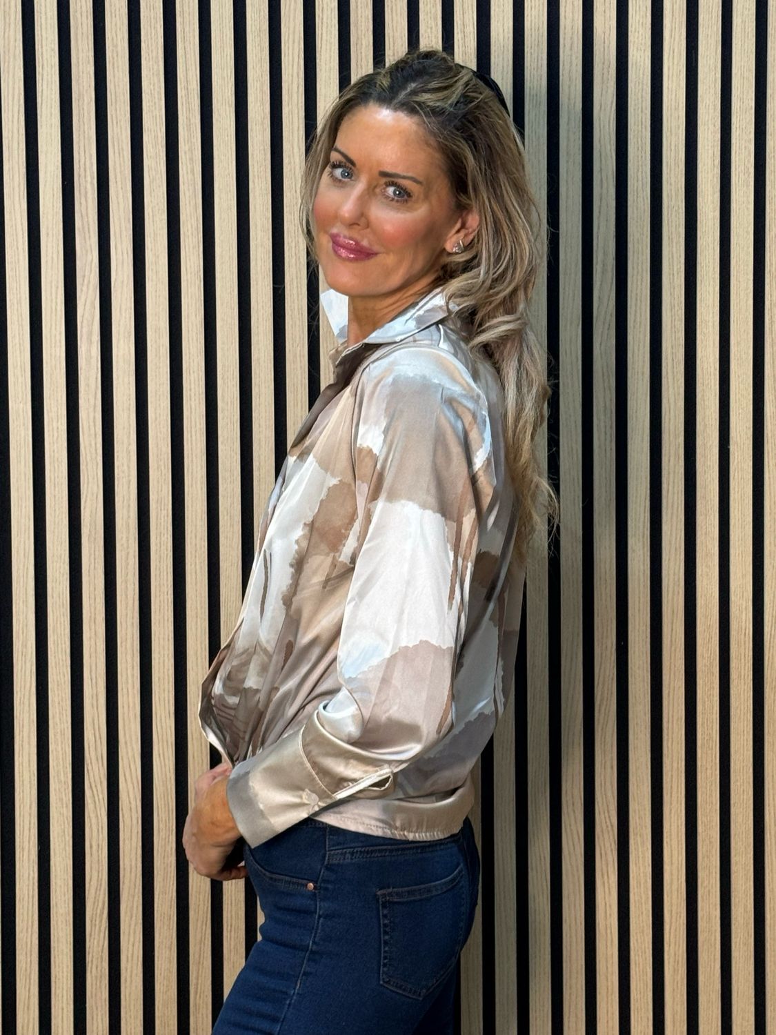 Abstract Satin Shirt Blouse - Taupe