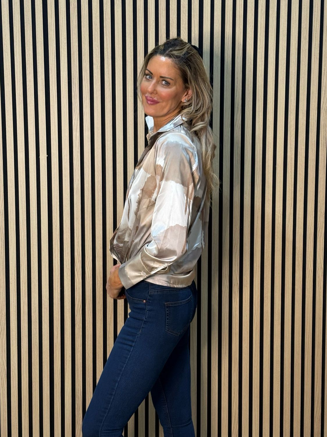 Abstract Satin Shirt Blouse - Taupe