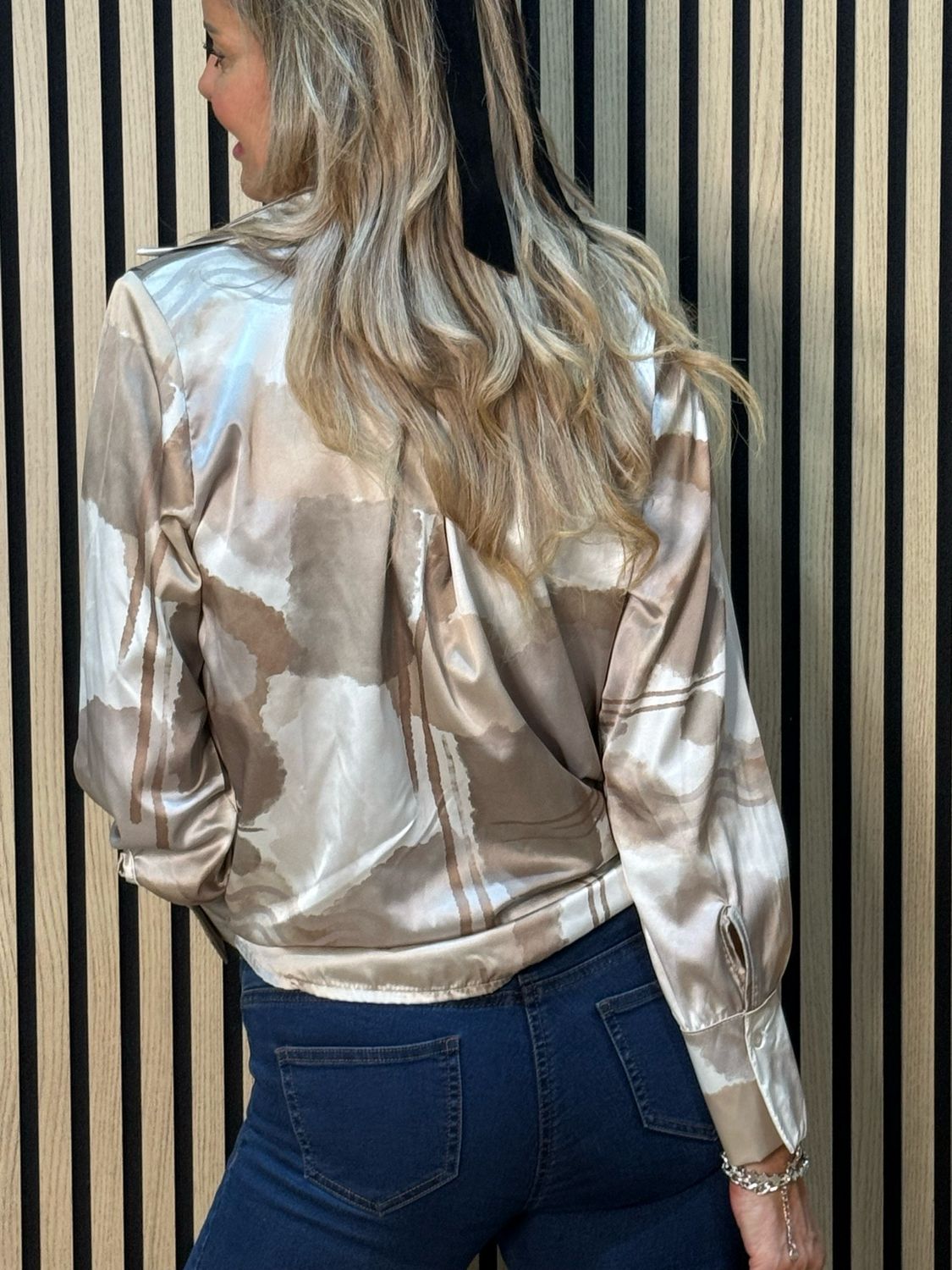 Abstract Satin Shirt Blouse - Taupe