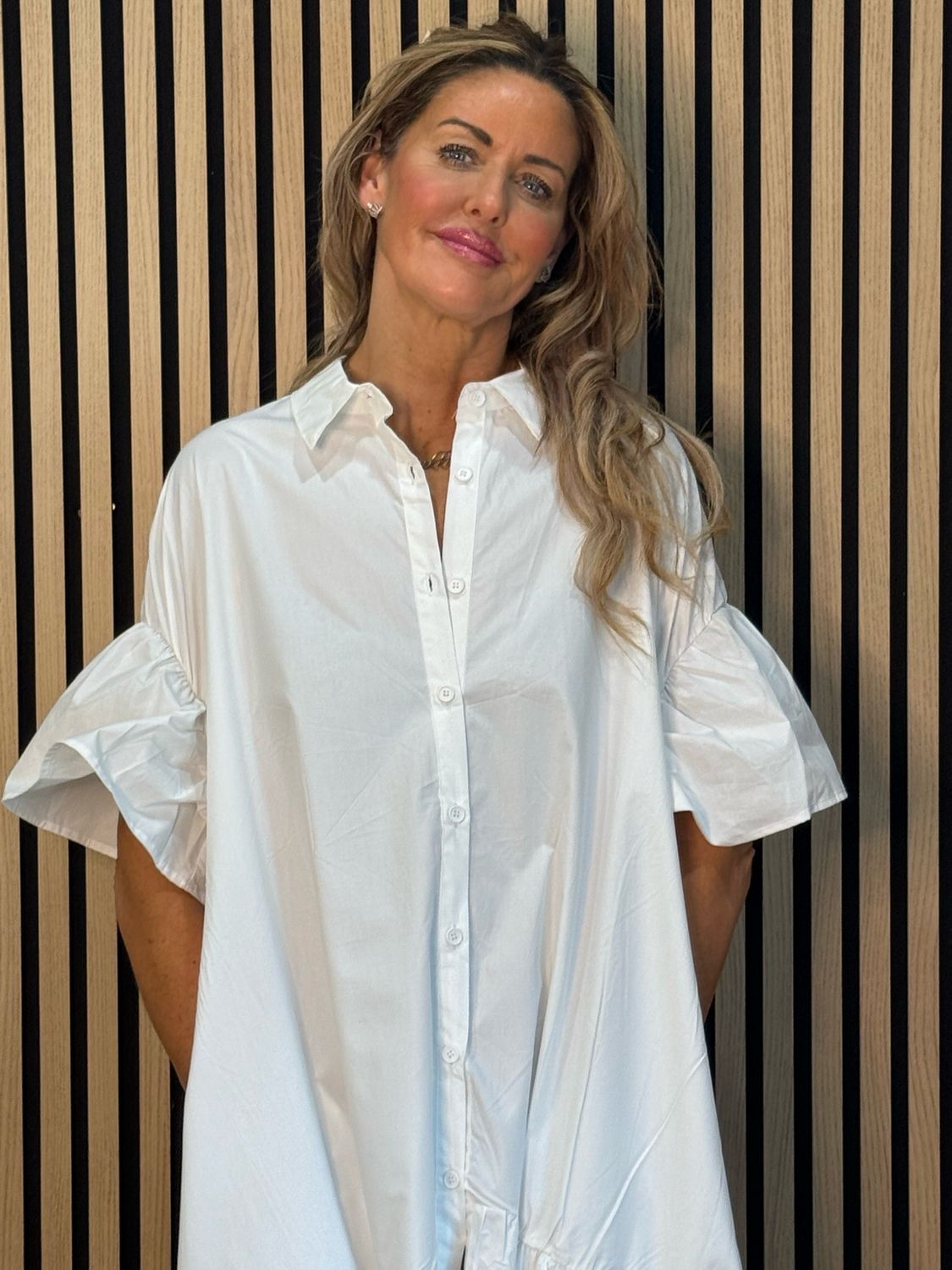 Button-Front Grommet Detail Dress - White