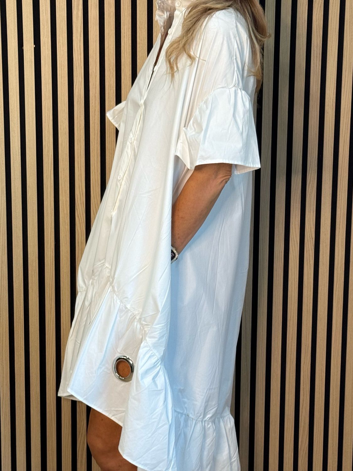 Button-Front Grommet Detail Dress - White