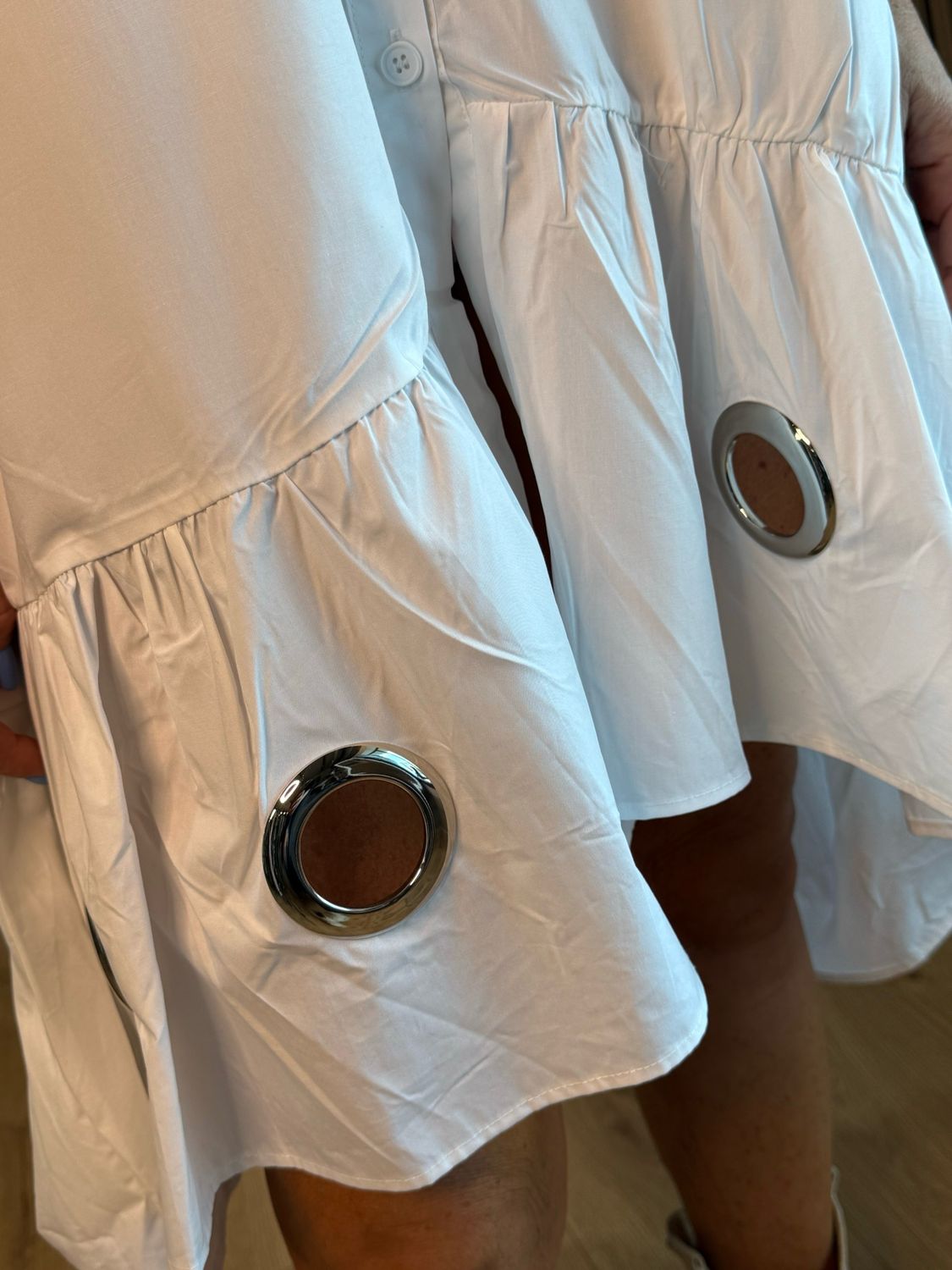 Button-Front Grommet Detail Dress - White