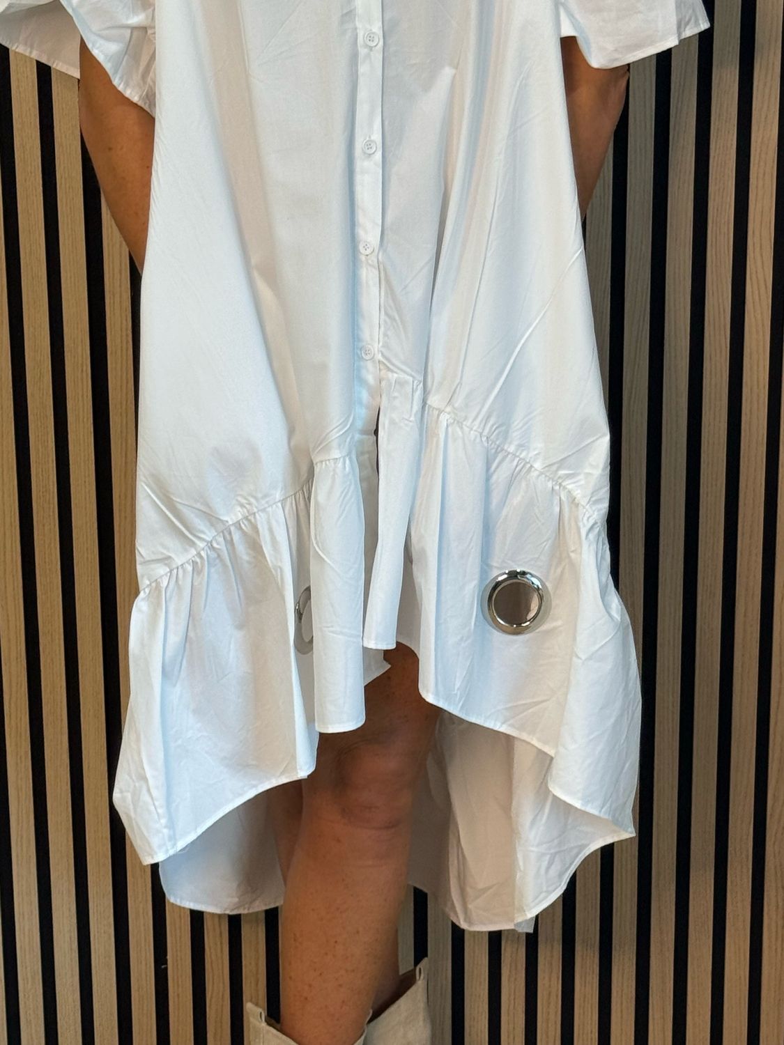 Button-Front Grommet Detail Dress - White