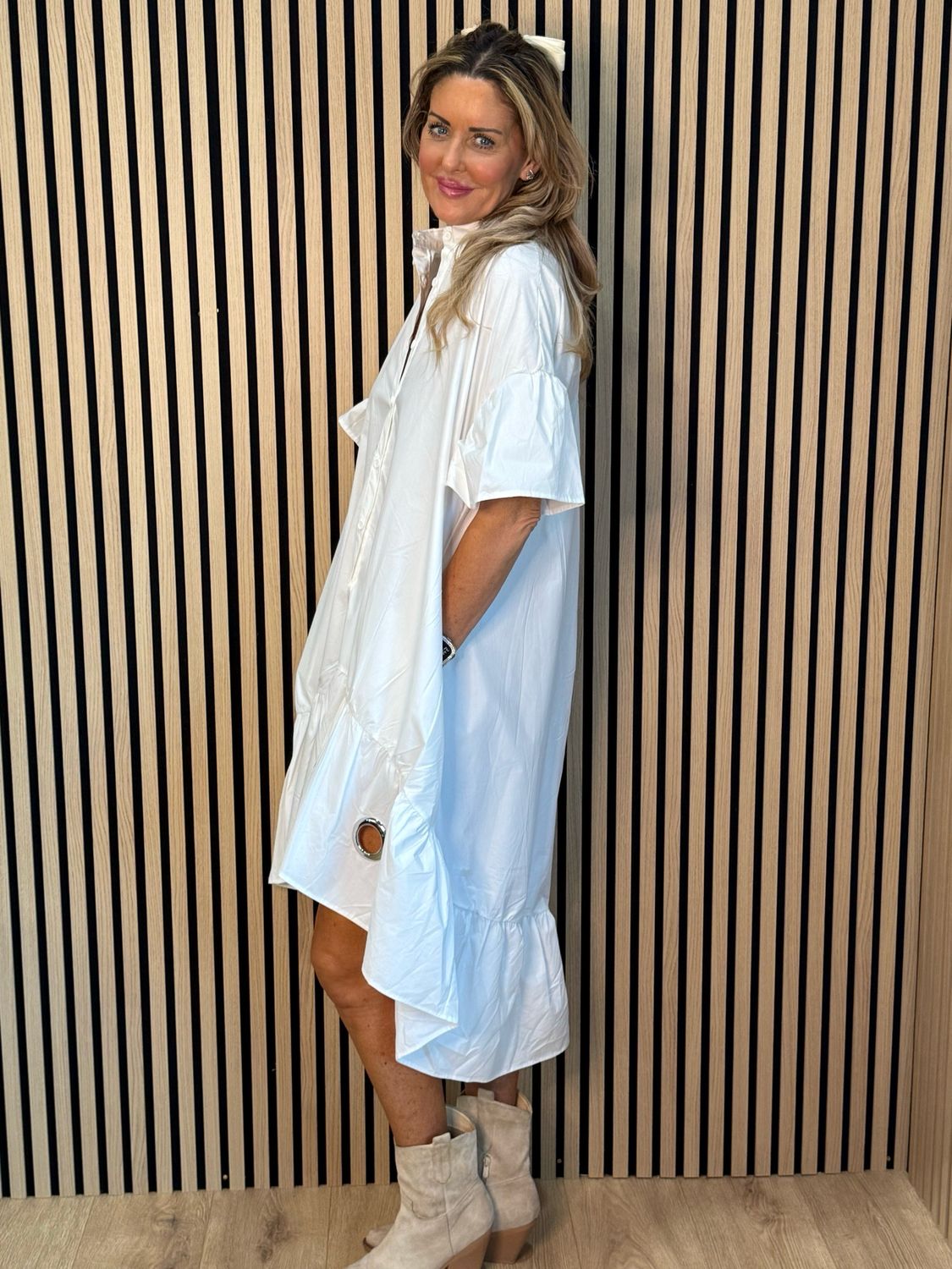 Button-Front Grommet Detail Dress - White