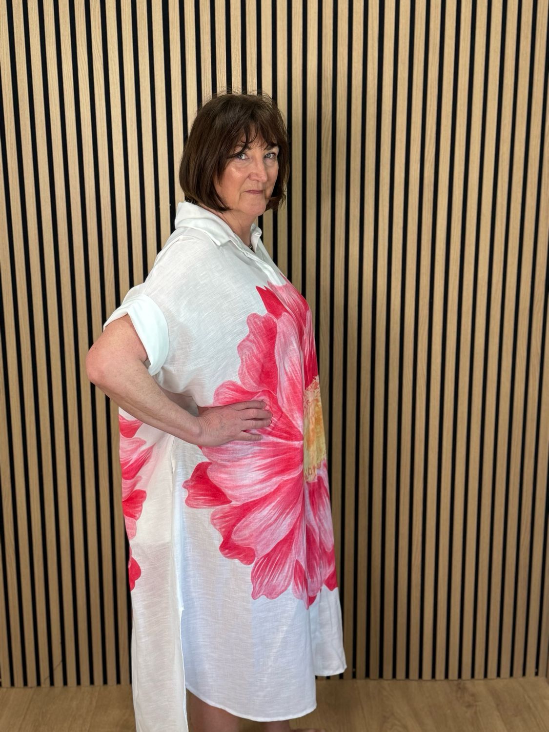 Oversized Floral Shirt Dress - White/Fuchsia