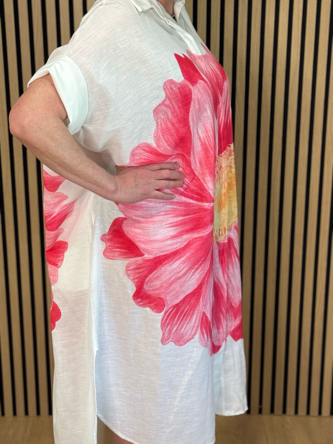 Oversized Floral Shirt Dress - White/Fuchsia