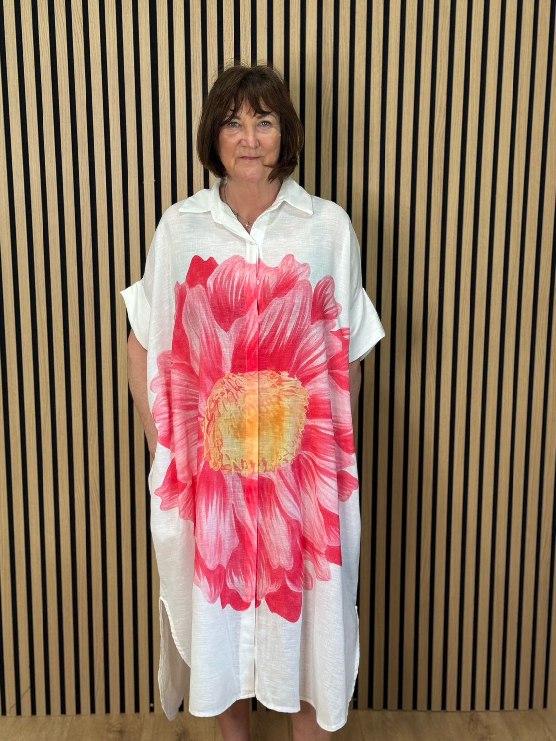 Oversized Floral Shirt Dress - White/Fuchsia