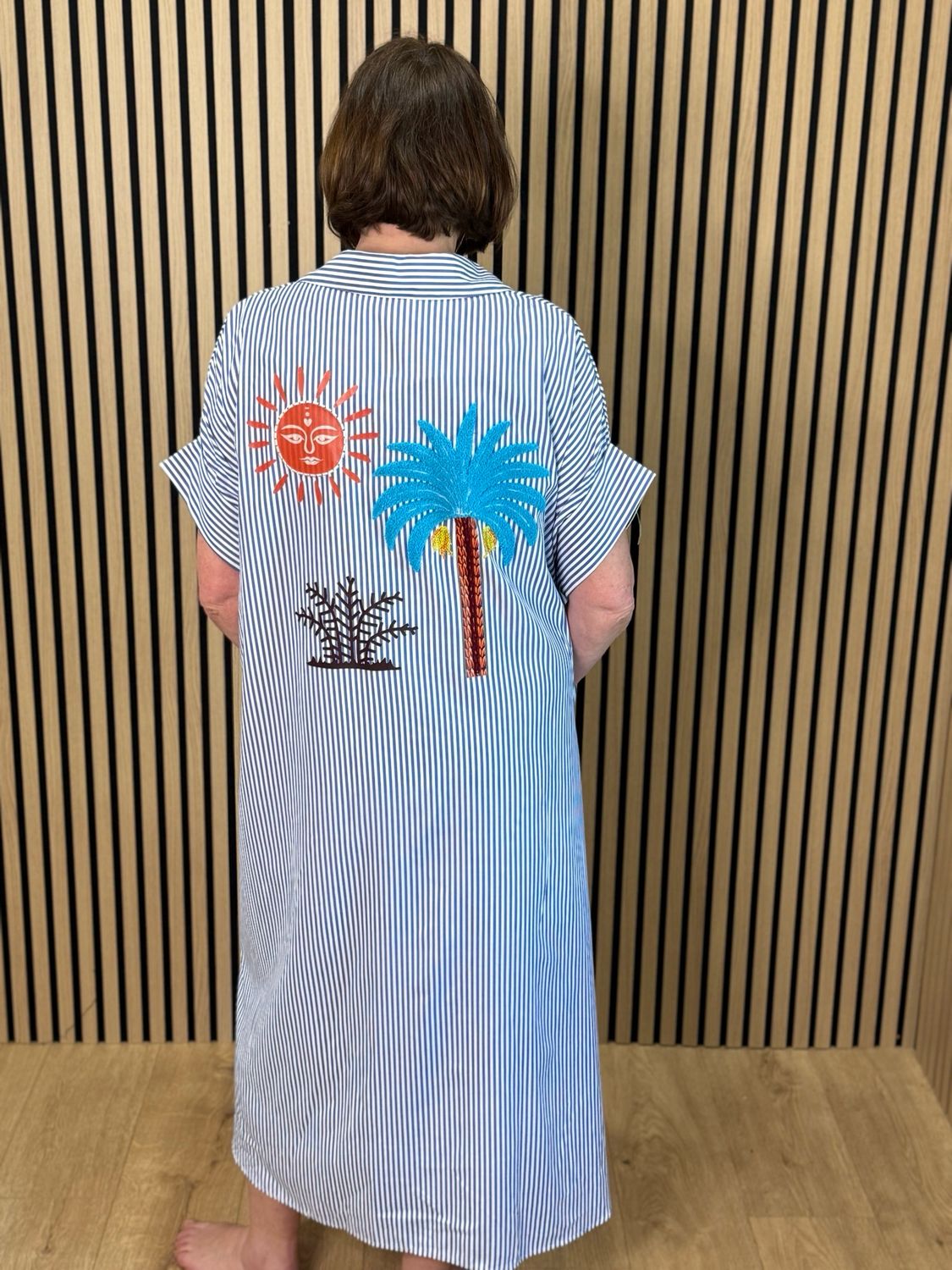 Striped Tropical Appliqué Dress - White/Blue