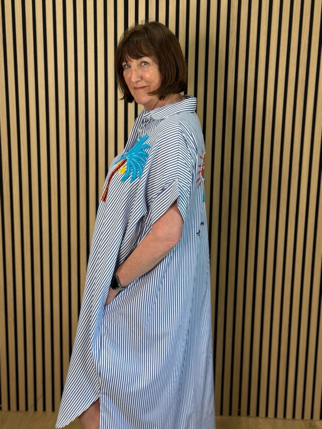 Striped Tropical Appliqué Dress - White/Blue