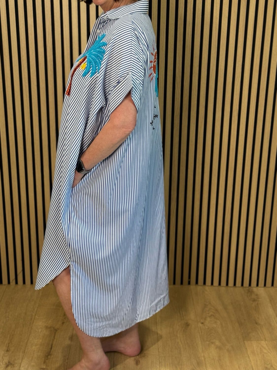 Striped Tropical Appliqué Dress - White/Blue