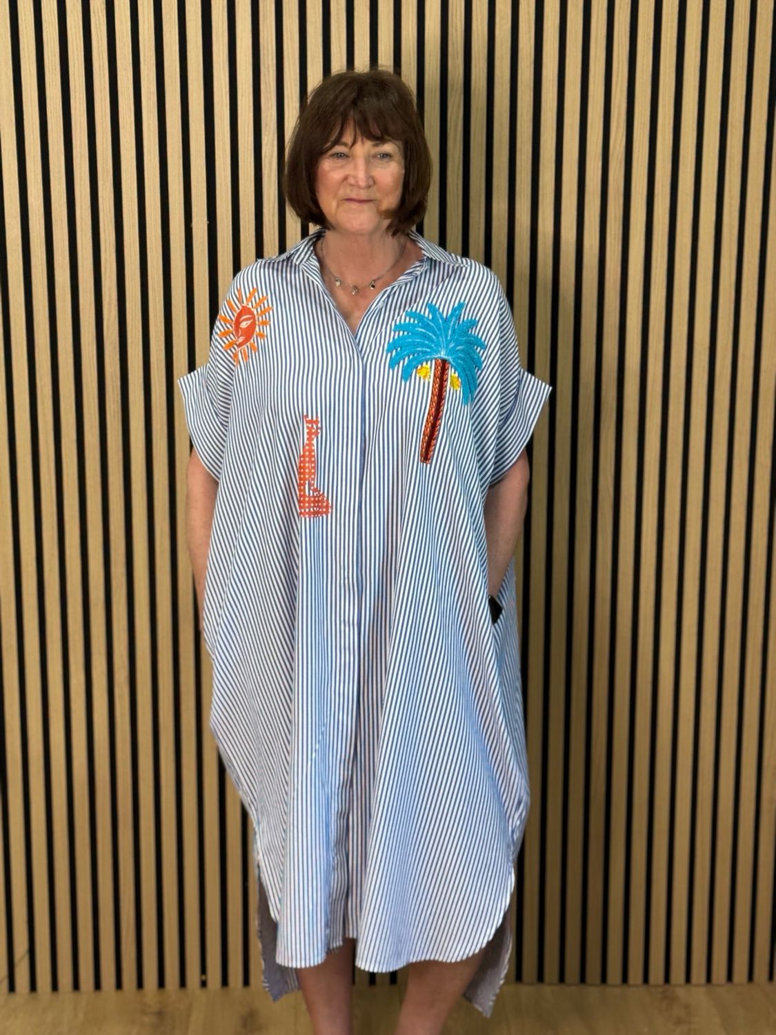 Striped Tropical Appliqué Dress - White/Blue