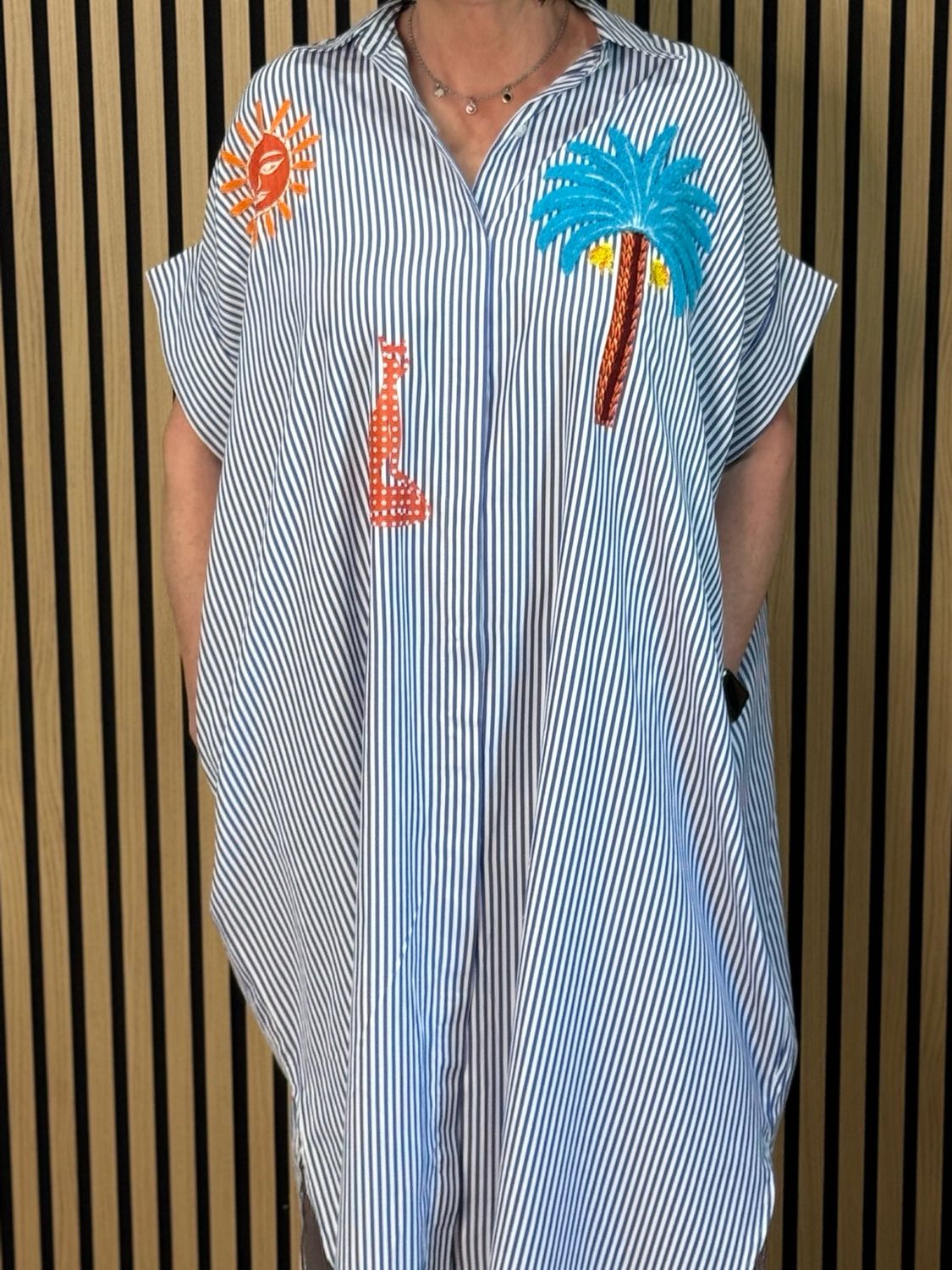 Striped Tropical Appliqué Dress - White/Blue