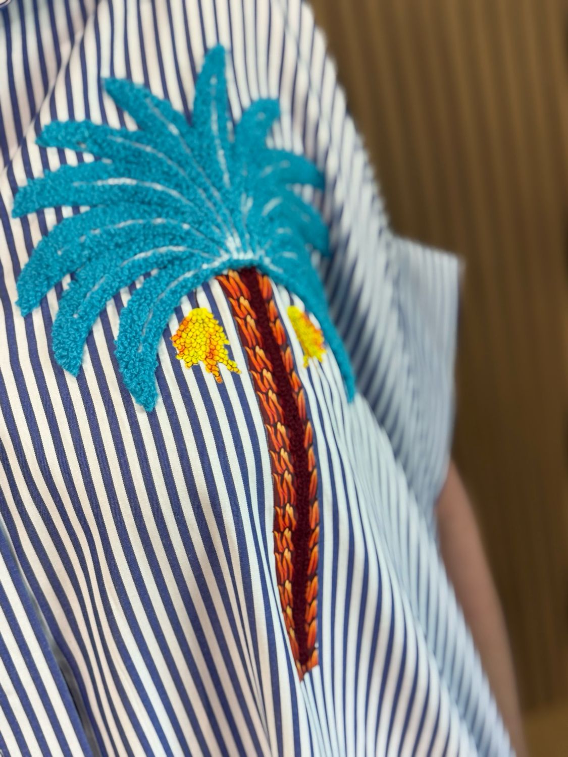 Striped Tropical Appliqué Dress - White/Blue