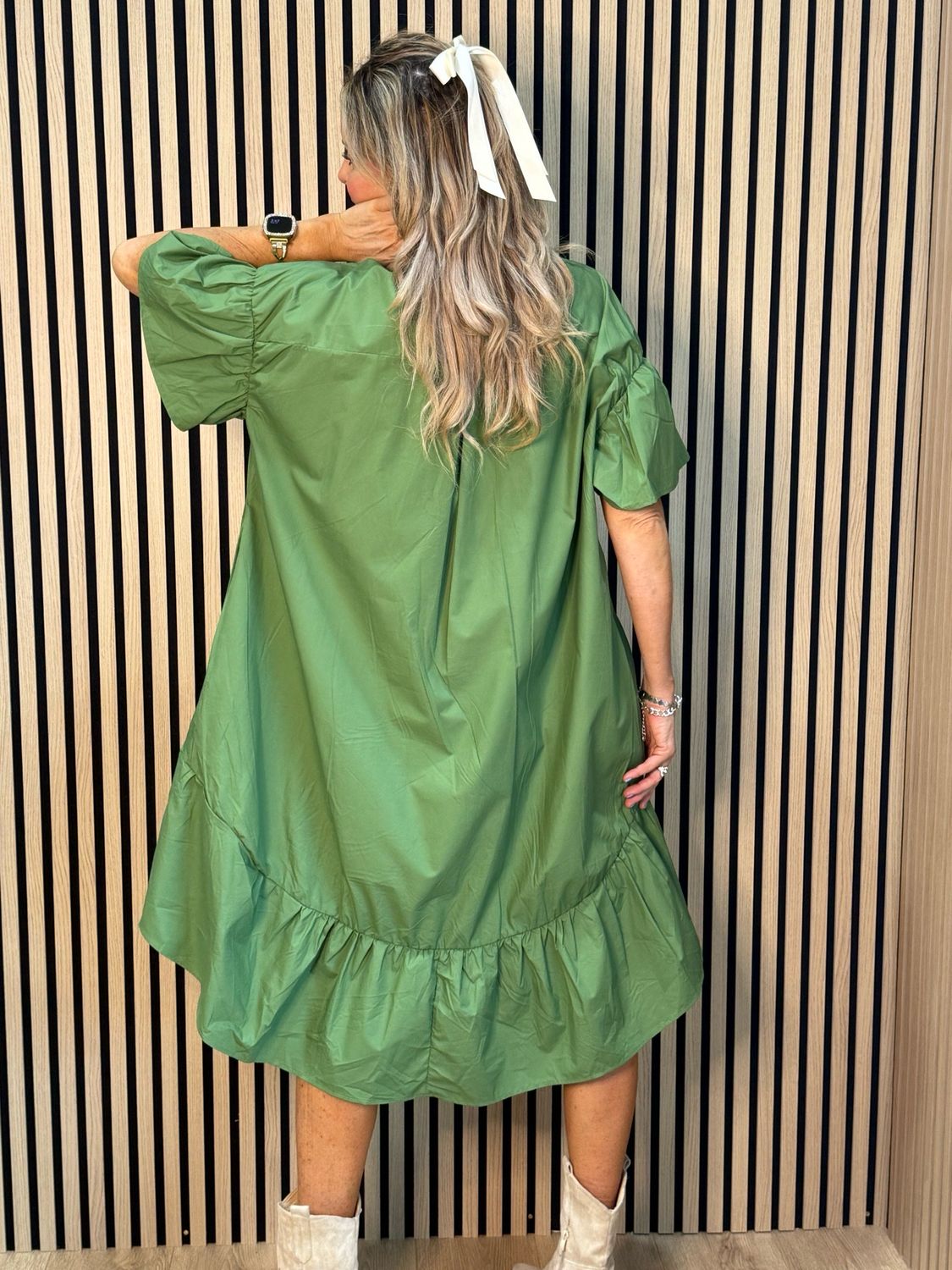 Button-Front Grommet Detail Dress - Green