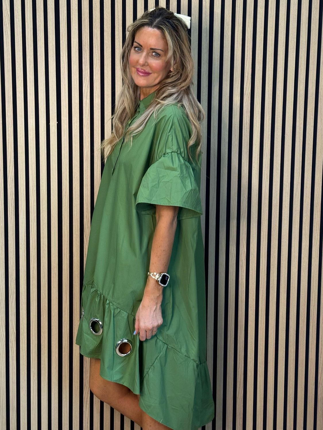 Button-Front Grommet Detail Dress - Green